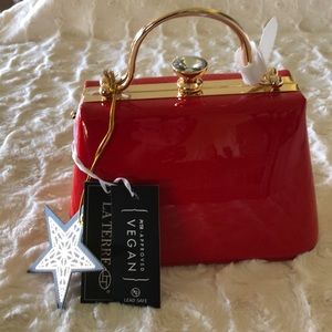NWT Vegan La Terre Red Retro Style Small Bag Faux Gold & Faux Crystal